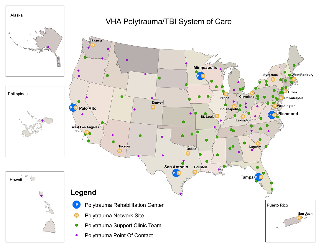 map of the United States showing the various polytrauma and tbi treatment locations